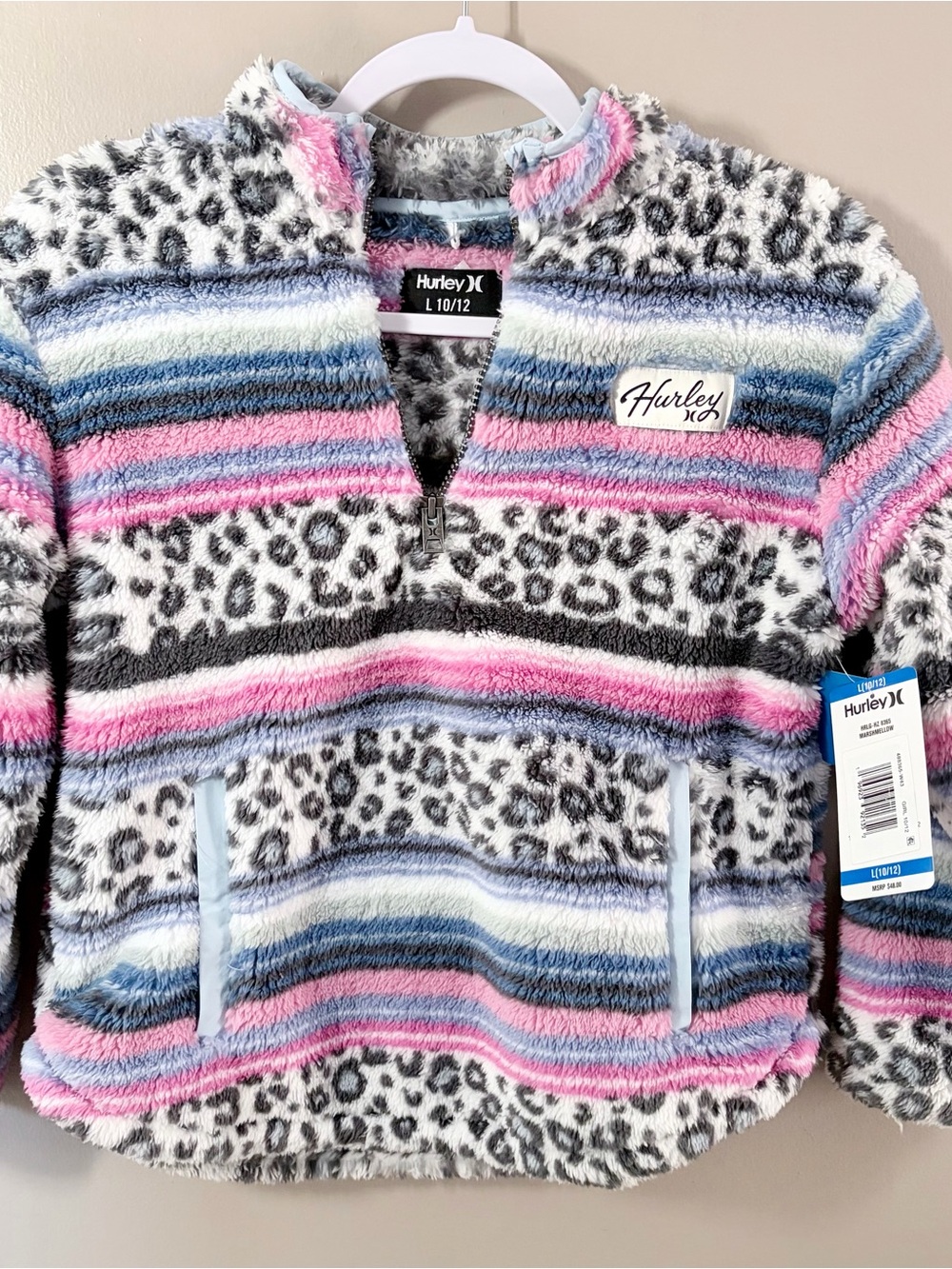 Hurley Girls Fuzzy Fleece Quarter Zip Pullover Sweater Leopard Striped Size L 10